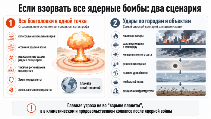 Что будет, если взорвать все ядерные бомбы на Земле одновременно? 1 Инфографика сравнивает два сценария ядерной катастрофы: взрыв всех боеголовок в одной точке и удары по городам