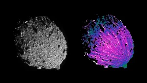 dimorphos with color enhanced markings to highlight cosmic snowballs