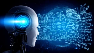 humanoid ai robot hologram screen solving physics math problems